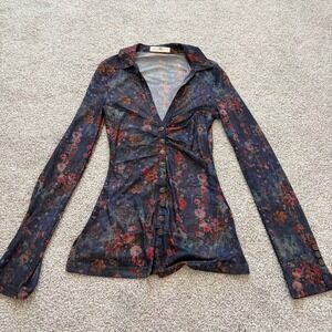 Natural Life Carina Mesh Top Womens S Blue Floral Cottage Whimsigoth Fairy Witch